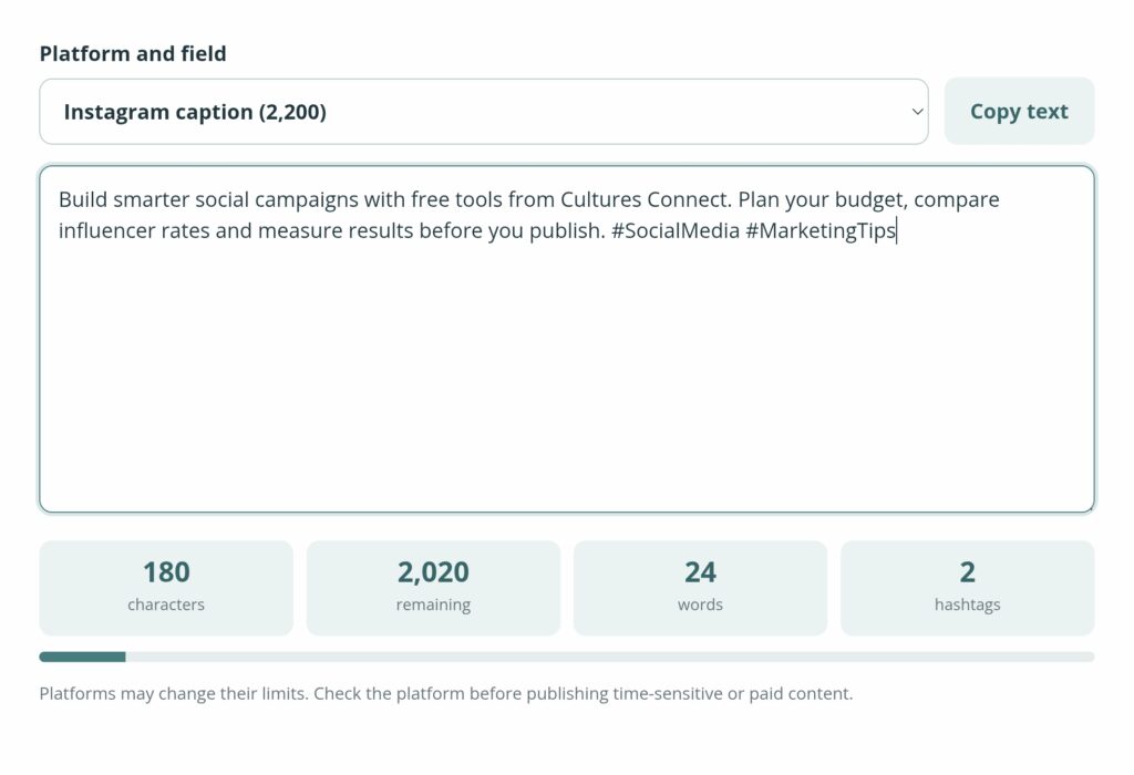 Social Media Character Counter checking an Instagram caption