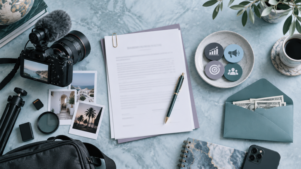an image of tools used by creators, paper with a oen, camera and a phone.