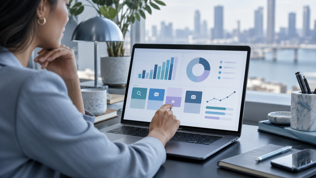 a person looking at a laptop with graphs on it